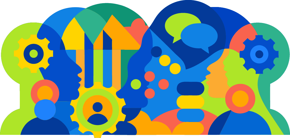 Colorful illustration of overlapping profiles, gears, and speech bubbles representing collaboration and communication.
