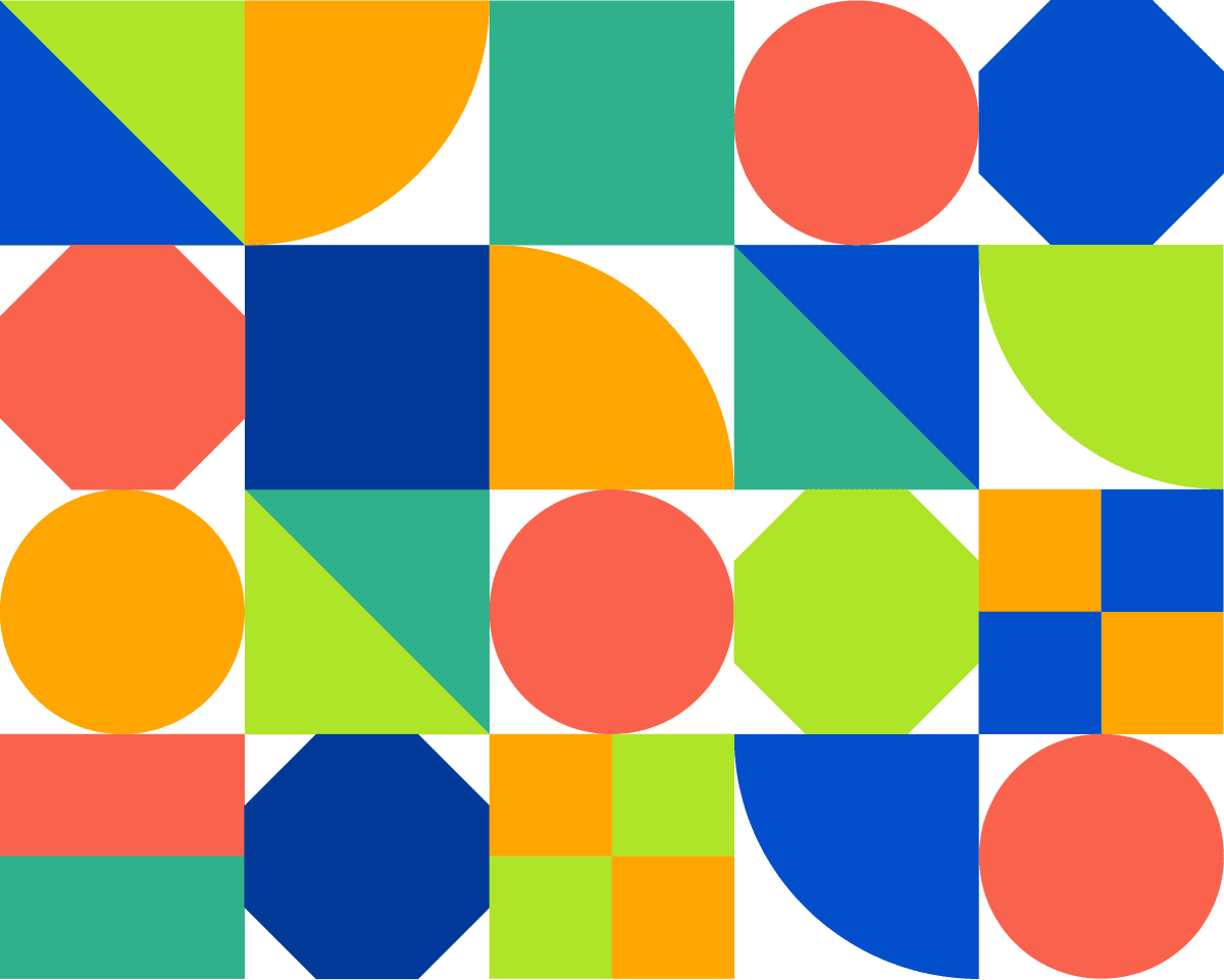Abstract geometric pattern in blue, green, orange, and coral.