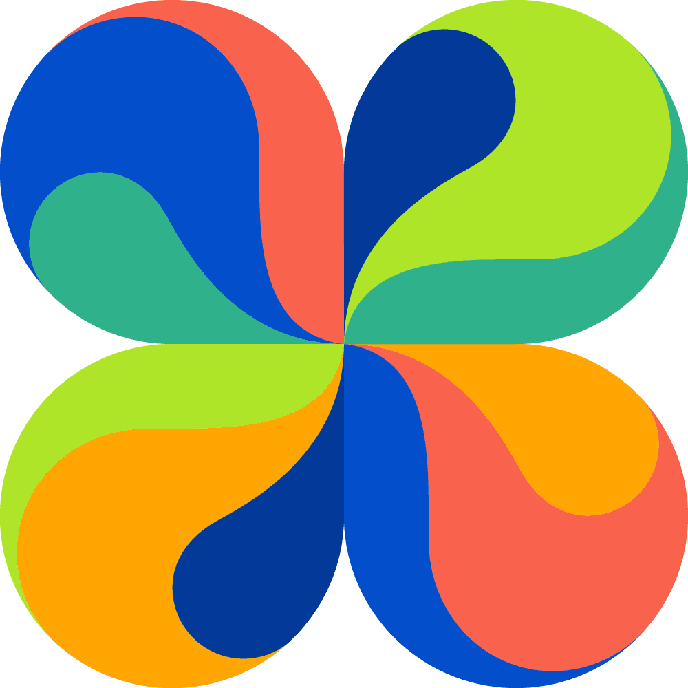 Four-petal abstract logo mark in blue, green, orange, and coral.