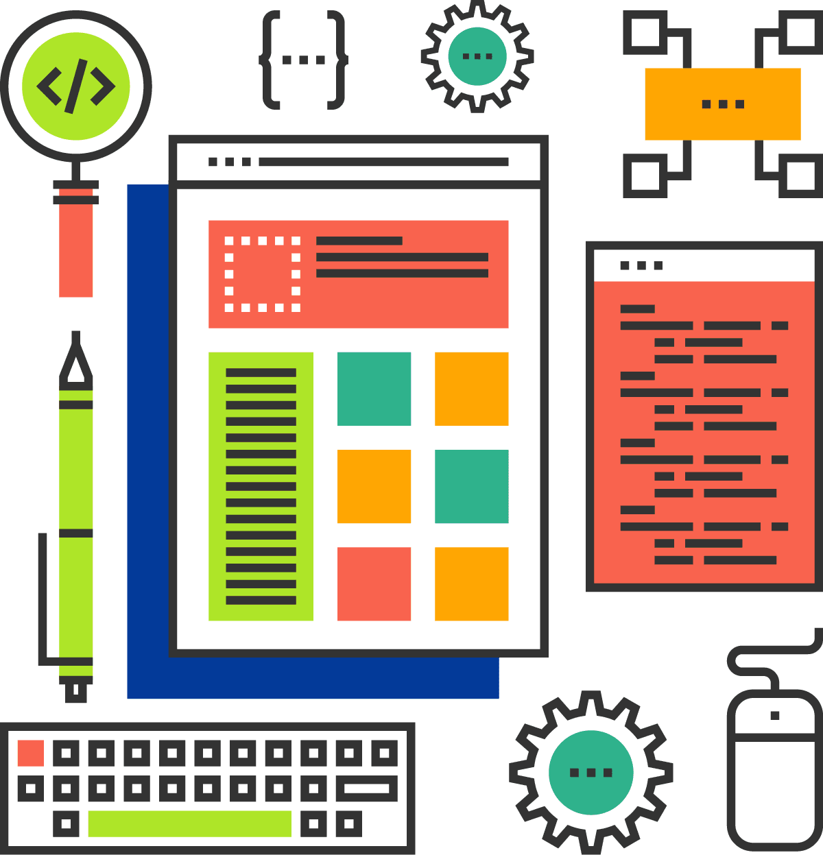 Illustration of web design components including layout panels, code symbols, and interface tools.